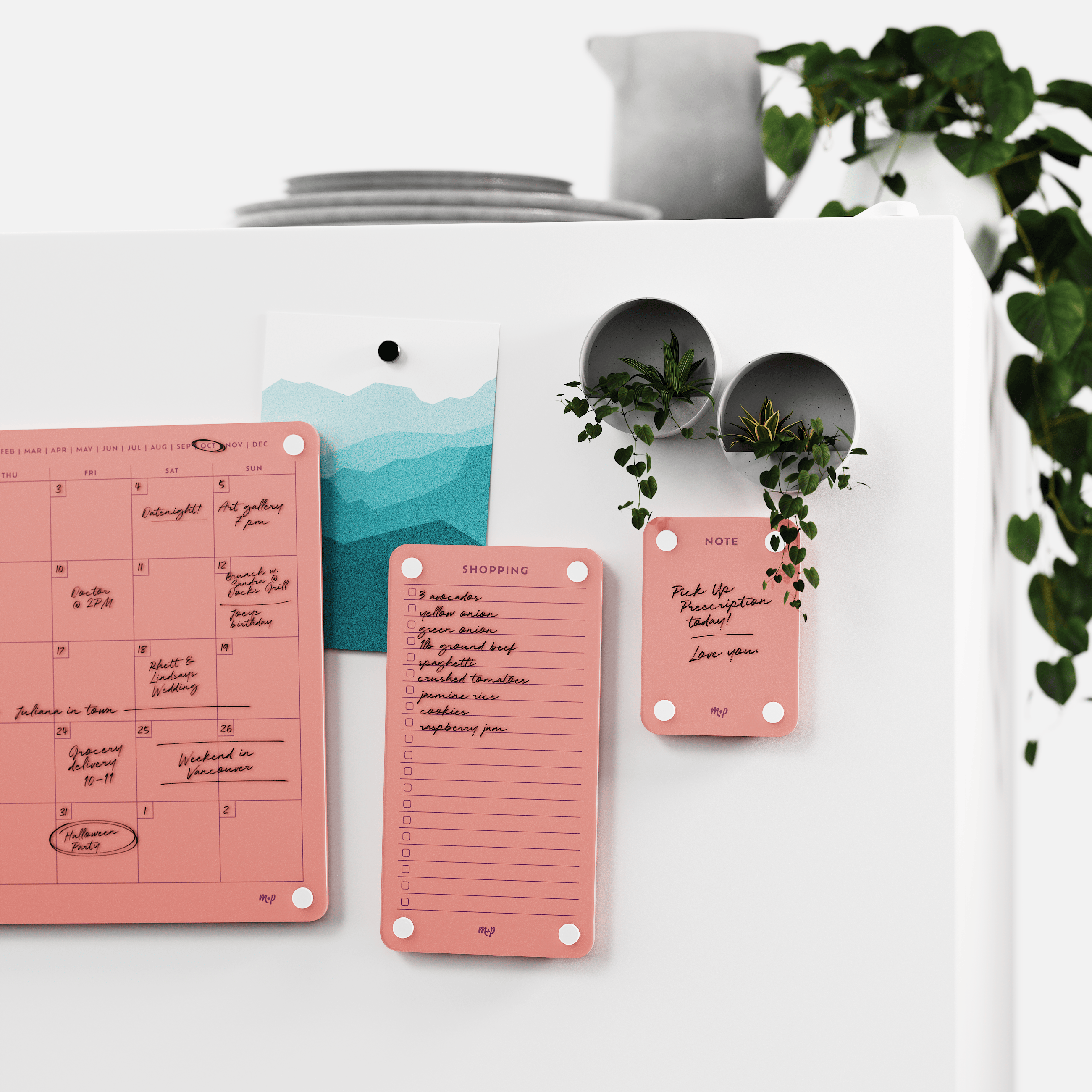 Coral calendar, shopping list and note board on a white wall beside two magnetic planters